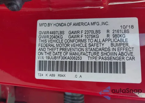 2019 Acura Tlx Standard z USA, uszkodzony, nr VIN 19UUB1F30KA006253